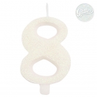 Tortes svece skaitlis "8", balta, spīdīga,  9.5 cm 