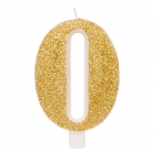 Svece tortei vai kūkai "0" ciparu formā, zelta, sprakstoša, komlektā ar svečturi, augstums 9.5 cm. 