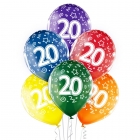20.Dzimšanas Diena 12"/30 cm lateksa baloni 6 gab. Caurspīdīgi:  035 Zaļš, 036 Dzeltens, 037 Oranžs, 131 Koši Sarkans, 023 Koši
