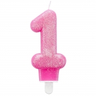 Svece cipars “1”, koši rozā, ar gliteri, 7,6 cm