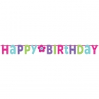 Burtu baneris Happy Birthday, rozā ar puķīti  3.35m x 31.7cm