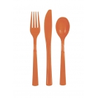 Galda piederumi oranži, 18 gab. plastmasas.(6 dakšas, 6 karotes, 6 naži)